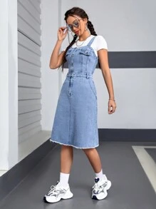 SHEIN EZwear Vestido De Peto Vaquero Con Bolsillos Para Mujer - Lavado ligero - Ver 4