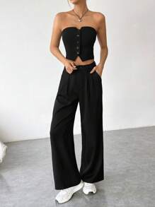 Muchica Solid Color Strapless Top And Wide Leg Pants Two Piece Set
