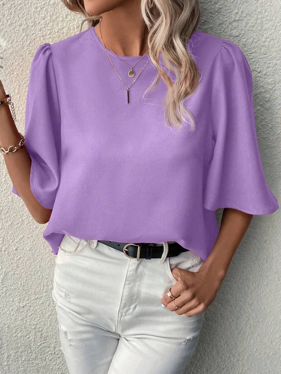 SHEIN LUNE 中袖純色泡泡袖襯衫 - 淡紫色 - 查看 1
