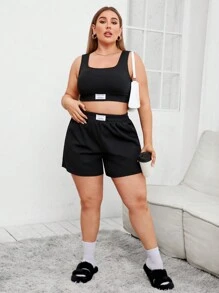 SHEIN Essnce Của phụ nữ Kích thước lớn Tag Thiết kế Độ co giãn Cao Áo vest Và Bộ quần short Cho mùa xuân Và Mùa hè - màu đen - Xem 3