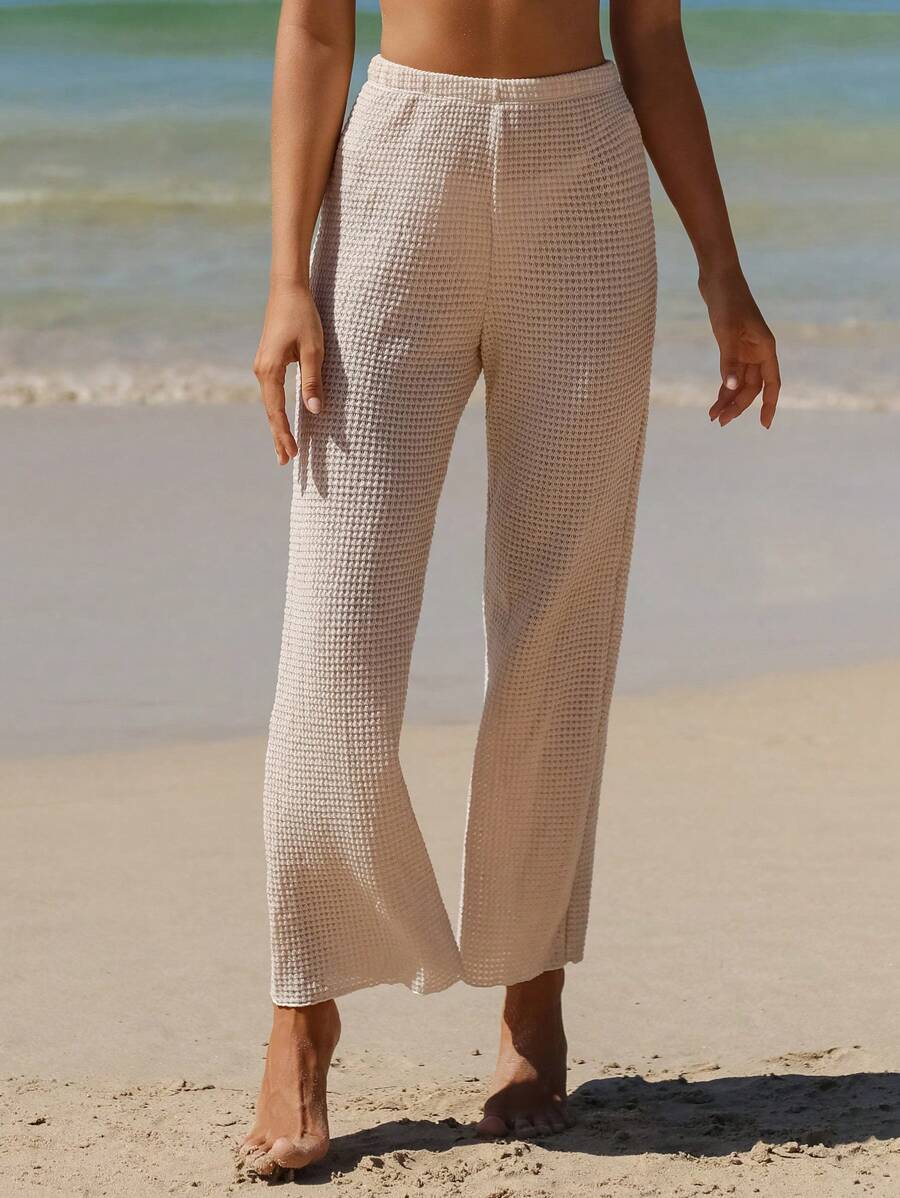 SHEIN Swim 1 Miếng Của phụ nữ Màu thuần Eo đàn hồi Che quần - Màu be - Xem 1