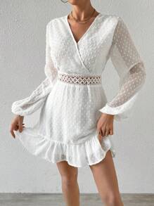 SHEIN Privé Women'S Lantern Sleeve Lace Patchwork Dress - White - View 6