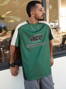 Manfinity Homme Men's Short Raglan Sleeves T-shirt With Letter Print - Green - View 4