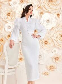 Modelyn Women'S Lantern Sleeve Dress With Ruffle Hem Detail - White - View 5