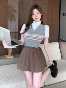 Dazy Designer Solid Color Pleated Skirt Fall Skirts - Coffee Brown - View 5