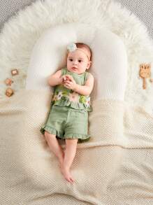 SHEIN 女嬰花朵刺繡修飾荷葉邊無袖上衣和短褲套裝 - 綠色 - 查看 4