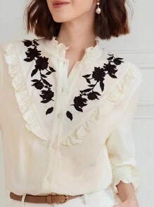 MOTF PREMIUM WOMEN'S WOVEN FLORAL EMBROIDERY RUFFLE TRIM LANTERN SLEEVE BLOUSE - Beige - View 3