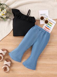 SHEIN Baby Girl Spring/Summer Casual Solid Color Ruffle Top And Denim Effect Flared Pants Set
