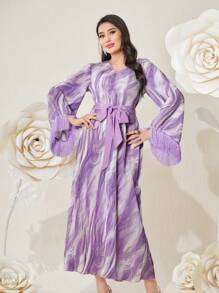 Modelyn Ladies Fringe Hem V-Neck Splicing Dress - Purple - View 4