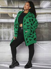 SHEIN CURVE+ Plus Leopard Pattern Drop Shoulder Cardigan - Green - View 6