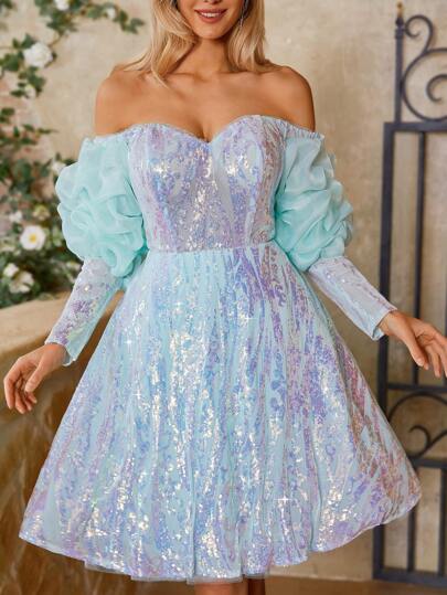 SHEIN Belle Women's Glitter Off Shoulder Back Zipper Gorgeous Cocktail Party Formal Dress