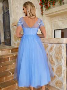 SHEIN Belle 贴花设计、宽下摆、透视设计、罩杯结构女士鸡尾酒会礼服 - 淺藍色 - 查看 3