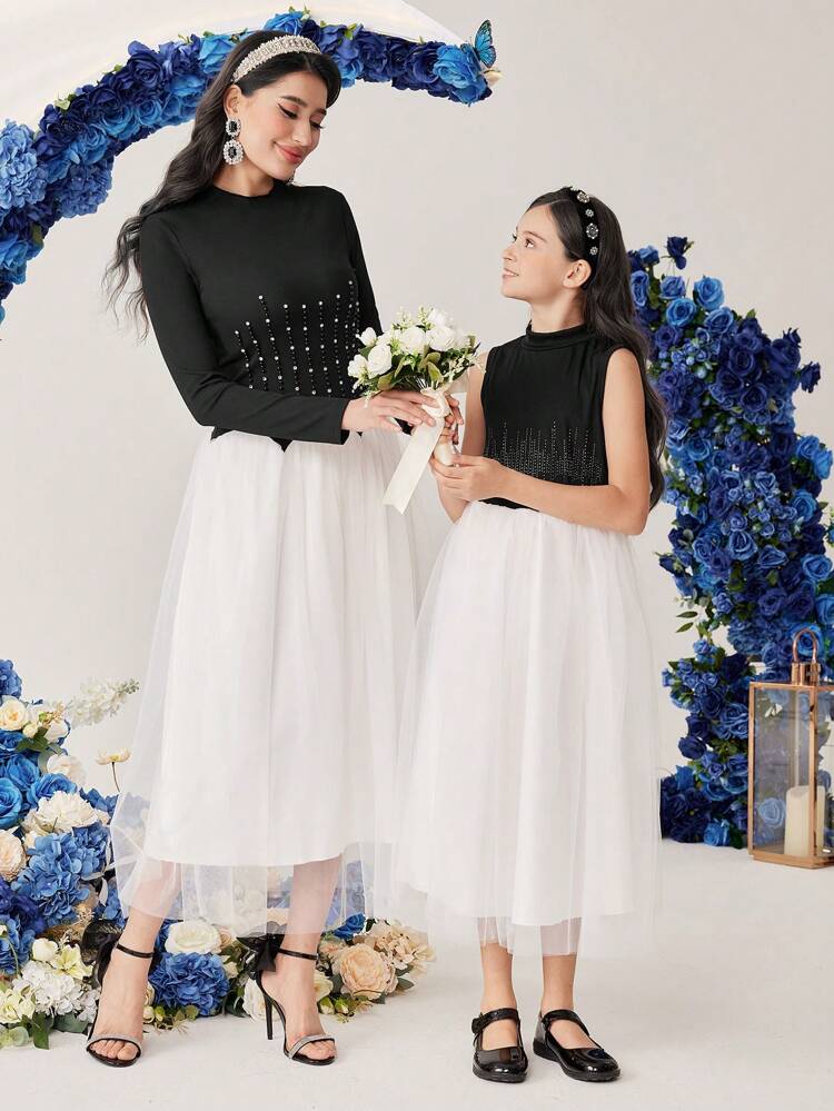 Tween Girls' Waist Rhinestone Decor Mesh Party Dress