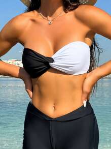 撞色雙肩帶扭結細節的束頭比基尼上衣,嘉年華風情 - 黑與白 - 查看 1
