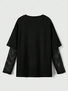 ROMWE Black Gothic Forest Silhouette Printed Mesh Jointed Long Sleeve 2 In 1 T-Shirt, School - Black - View 4