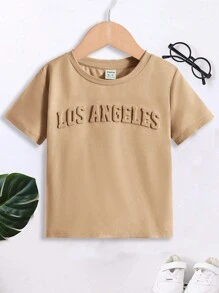 SHEIN 小男孩休閒舒適字母印花t卹 - 卡其色 - 查看 1