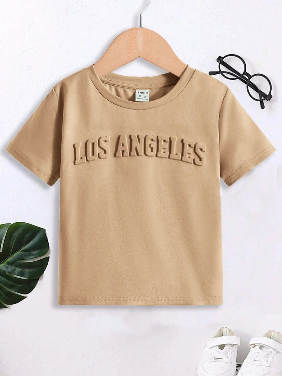 SHEIN 小男孩休閒舒適字母印花t卹 - 卡其色 - 查看 1