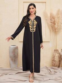 Al Najma 女士拼布编织腰带长袖土耳其束腰外衣，朴素的卡夫坦 - 黑色 - 查看 8