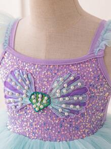 SHEIN Glamorique Kids 少女們華麗的帽式短袖人魚公主圓舞裙,帶海貝珠和網紗,紫色/綠色