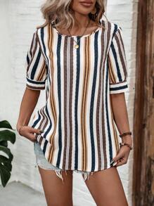 SHEIN LUNE Women'S Striped Square Collar Shirt - White - View 3