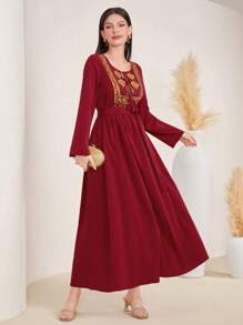 Al Najma 綁帶刺繡連搭流蘇長裙,金色線細節 - 紅色 - 查看 3
