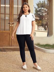 SHEIN Clasi Plus Size Women's Color Block Edge Button Down Shirt With Puff Sleeves