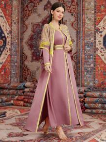 Al Najma Women's Modest Full Length Embroidered Arabic Abaya And Long Sleeve Waist Tightening Dress, Muslim Fashion Abaya For Casual/Festival/Gathering/Travel - Pink - View 8