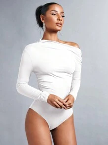 SHEIN BAE 女用不對稱領口長袖連身衣 - 白色 - 查看 3