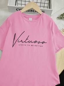 SHEIN Tween Girls' Loose Fit Tay trễ vai có in chữ & Quần mặc khi đi học đại học, 2 cái/bộ - Màu Hồng  Dưa hấu - Xem 3