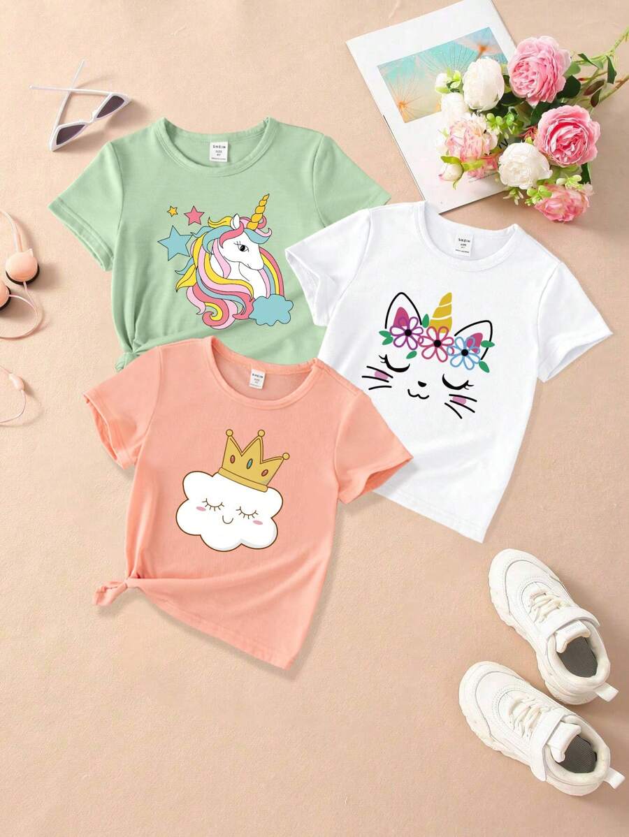Cô Gái Trẻ 3 Chiếc Hoạt Hình Dễ Thương Kitty & Nhiều Màu Sắc Kỳ Lân Vương Miện Hình Đám Mây Họa Tiết In Hình Cổ Tròn Tay Ngắn Bộ Áo Thun - Nhiều màu - Xem 1