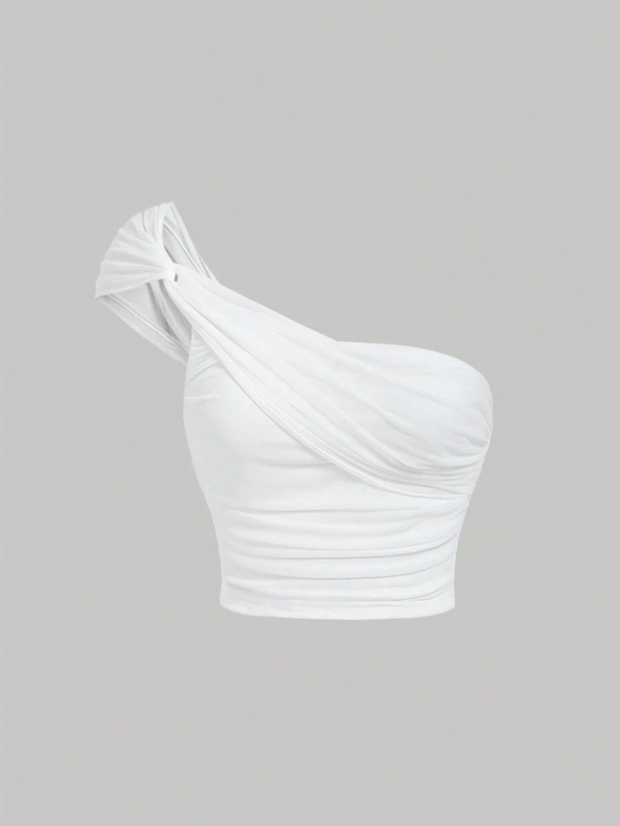 SHEIN MOD Women's White Knit One Shoulder Twist Front Top - White - View 1