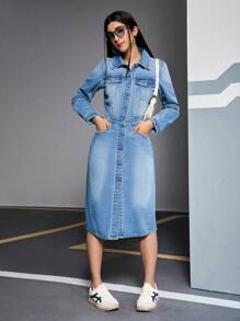 SHEIN EZwear 女裝牛仔襯衫領中長款洋裝 - 中等水洗藍 - 查看 4