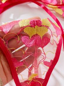 前繫式細節、心形刺繡、透明網眼、性感內衣套裝 - 彩色 - 查看 4
