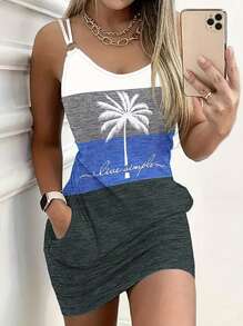 ChicMe Color Block Coconut Tree Print Mini Dress Pocket Casual Summer Outfit
