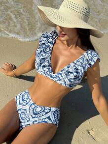 Conjunto de bikini con volantes y estampado para mujer, ideal para la playa de verano - Azul y blanco - Ver 3