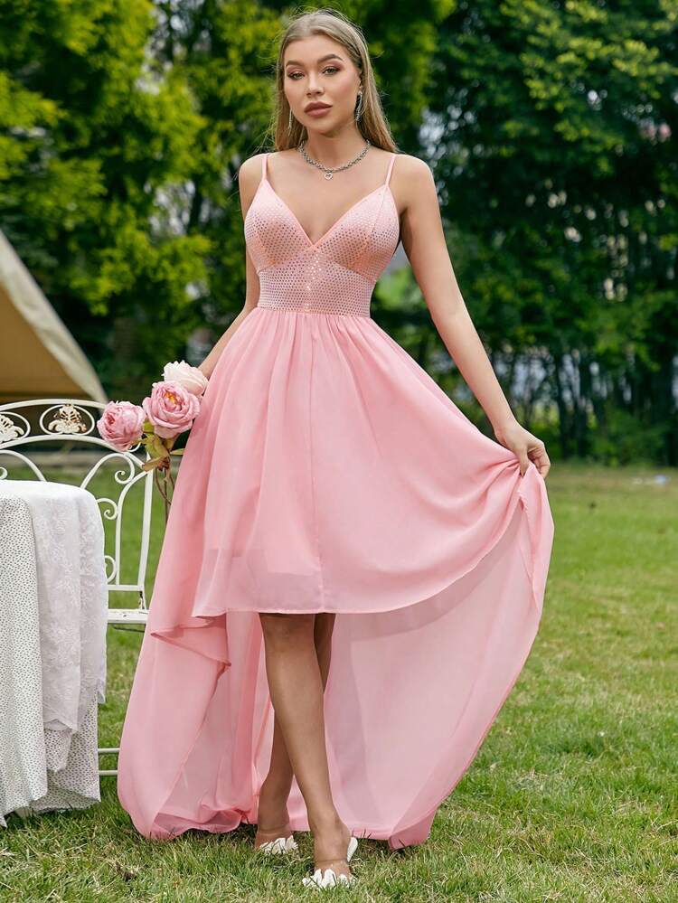 Sparkly Sequin Detailing High Low Bridesmaid Cami Dress