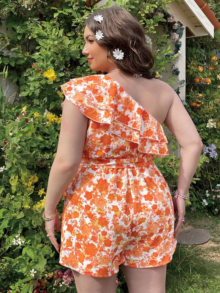 Plus Size Women's Floral Print Ruffle One Shoulder Sleeveless Romper