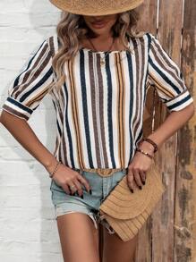 SHEIN LUNE Women'S Striped Square Collar Shirt - White - View 1