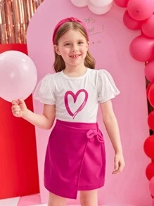 SHEIN Young Girl New Arrivals Heart Printed Mesh Panel Puff Sleeve T-Shirt And Asymmetrical Wrapped Skirt Set