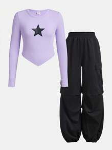 SHEIN Teen Girls' Ribbed Knit Star Pattern T-Shirt And Pleated Pants Casual 2pcs/Set - Mauve Purple - View 1