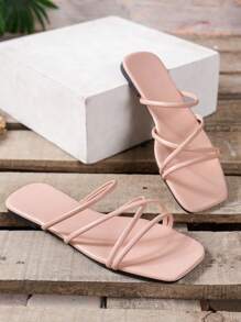 Women'S Solid Color Square Toe Simple Style Flat Slip-On Sandals For Outdoor,Spring Summer Outfits - Baby Pink - View 5