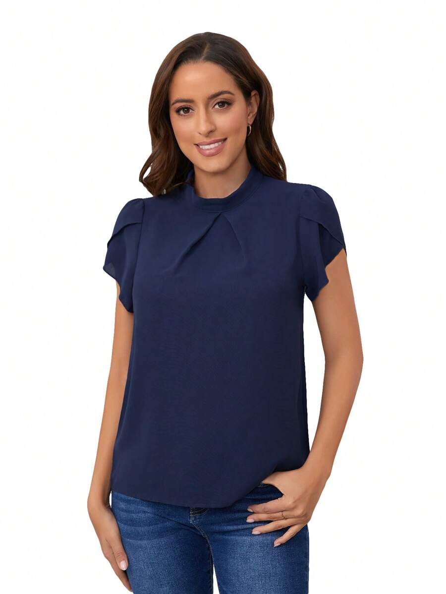 SHEIN Clasi Mock Neck Petal Sleeve Blouse - Royal Blue - View 1