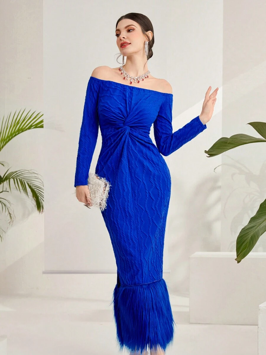 Modelyn Của phụ nữ Off Shoulder Tay áo dài Xoắn Nút eo Đầm - Màu xanh lam - Xem 1