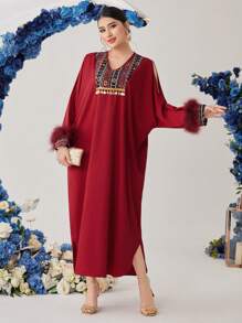 SHEIN Najma Women's Patchwork Embroidery Plush Cuff V-Neck Loose Batwing Sleeve Kaftan Dress - Red - View 4