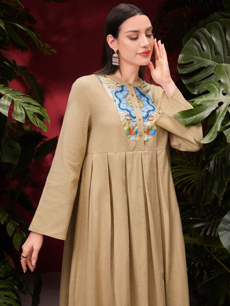 Women's Arab Style Floral Printed Pleated Hem Dress