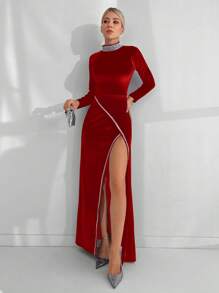 RueChic Slit & Fitted Dress With Rhinestone Detail