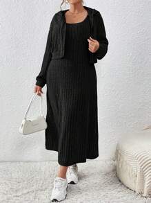 SHEIN Essnce Women's Plus Size Solid Color Ribbed Casual Suit - Black - View 1