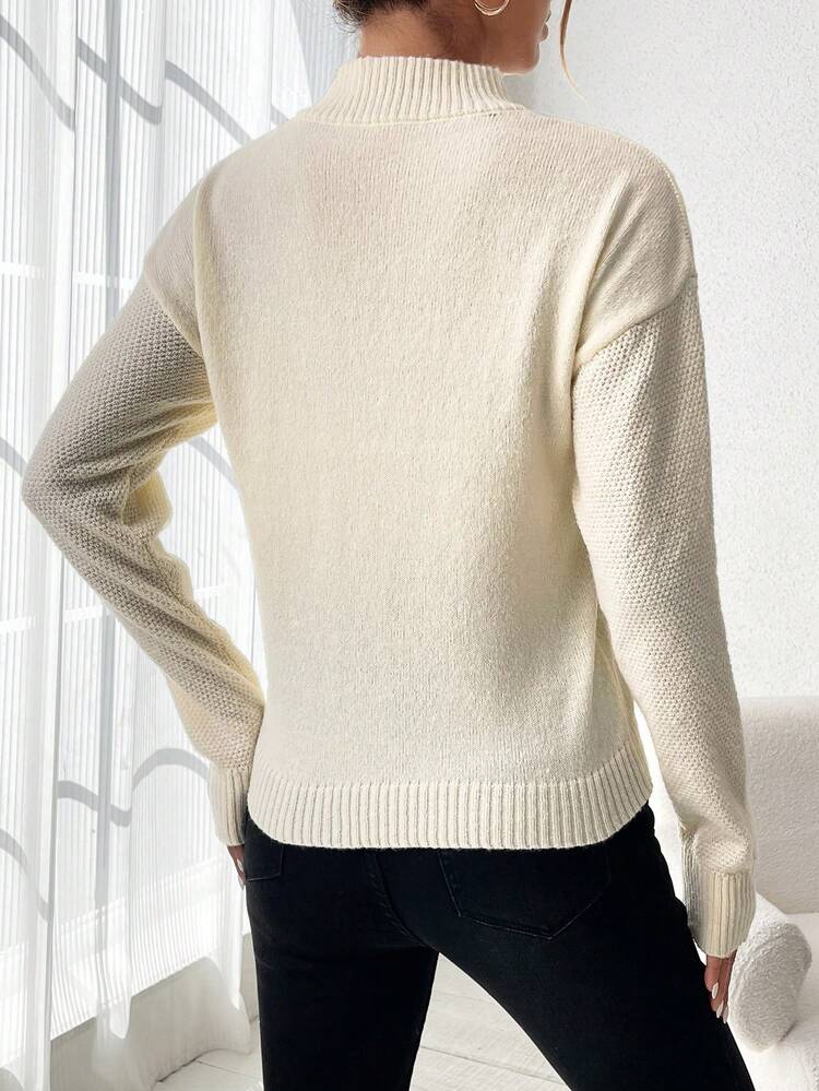 Women's Stand Collar Drop Shoulder Long Sleeve Sweater, Knit Pullover Fall Winter