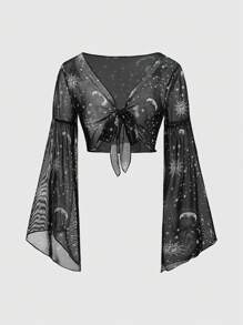 Heymoonly Ladies' Tie Front Flared Sleeve Sheer Mesh Top - Black - View 5