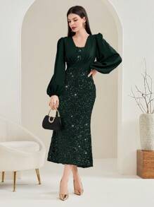 Modelyn Women'S Sequin Detailed Patchwork Lantern Sleeve Mermaid Dress - Dark Green - View 6